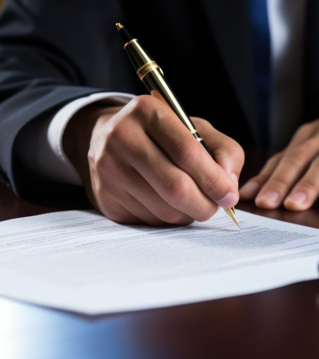 Lawyer scrutinizing and signing a document, panoramic banner wit Lawyer scrutinizing and signing a document, panoramic banner with copy space.